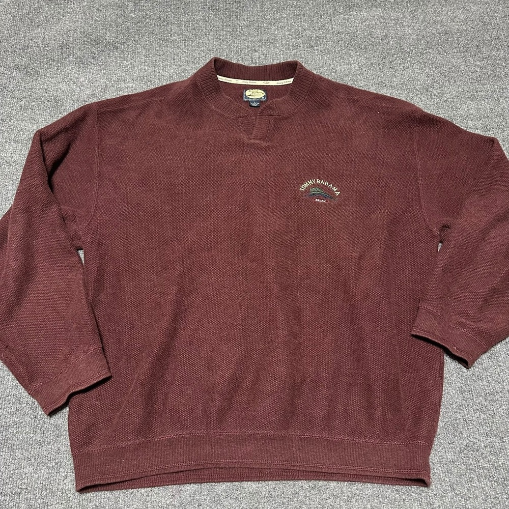 Tommy Bahama Relax Mens Large Maroon Cotton Waffle Knit Pullover Sweater
